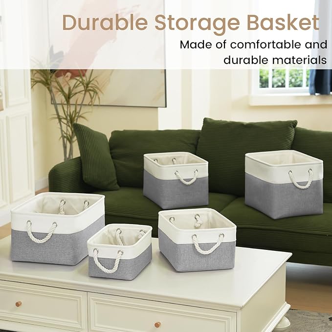 Storage Baskets for Shelves 13.8x9.8x6.7 Inch-Foldable Fabric Organizing Storage Bins with Handles, Closet & Bathroom Organizer, Home Storage for Kitchen, Office (3-Pack, White&Gray)