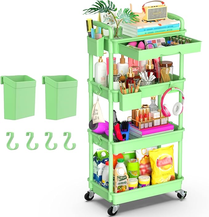 Goovilla 4 Tier Rolling Utility Cart Organizer with Removable Drawer, Stable and Sturdy Green Rolling Storage Carts with 2 Lockable Wheels for Bathroom, Kitchen, Snack, Craft, Makeup, Baby Essentials