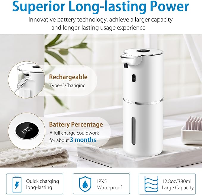 Automatic Liquid Soap Dispenser 12.8oz, Rechargeable & 6 Levels Soap Adjustable with Digital Display, Wall Mount, Waterproof, Touchless Hand/Dish Soap Dispenser for Kitchen, Bathroom, Hotel