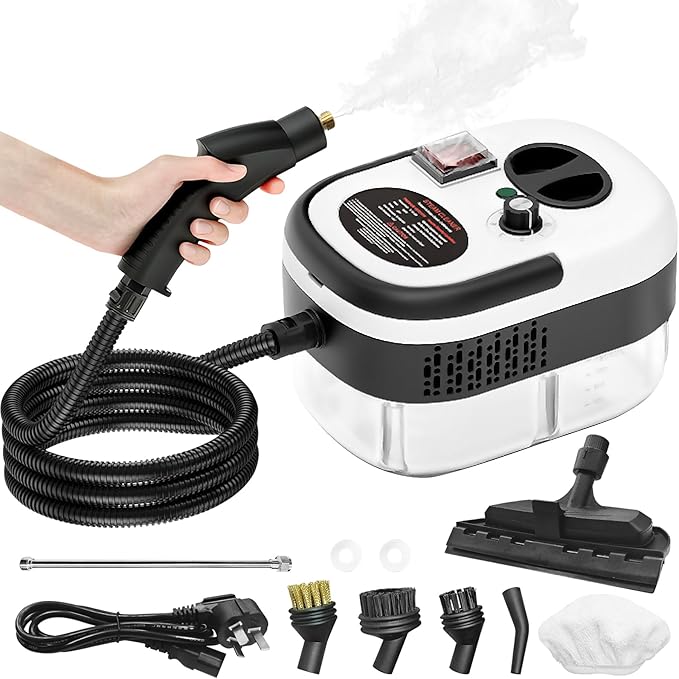 Handheld Steam Cleaner, Steamer for Cleaning, 2500W Pressurized Steam Cleaner with 1.2L Water Tank and 6 Attachments, Portable Steamer Cleaner for Home Car Kitchen Bathroom Furniture Tile Grout, White