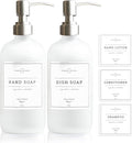 Vine Creations White Glass Soap Dispenser, 2 Pack Kitchen Soap Dispenser Set with Stainless Steel Pump, 16 oz Dish Soap and Hand Soap Dispensers for Bathroom with Waterproof Labels