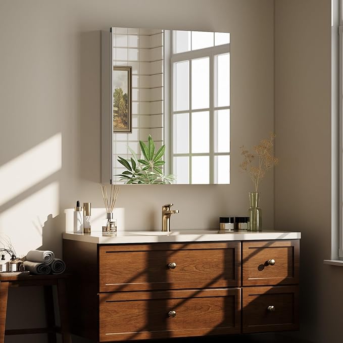 Bathroom Medicine Cabinet Mirror with Storage, 16 Inch x 24 Inch Silver Medicine Cabinet with Single Door & Adjustable Shelves for Vanity, Aluminum Surface, Wall-Mount or Recessed