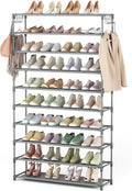 LANTEFUL 10 Tiers Shoe Rack 50 Pairs Large Capacity Tall Shoe Organizer Sturdy Shoe Storage with Two Hooks Space Saving Metal Wide Shoe Rack for Closet, Entryway, Bedroom, Grey