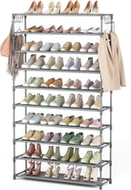 LANTEFUL 10 Tiers Shoe Rack 50 Pairs Large Capacity Tall Shoe Organizer Sturdy Shoe Storage with Two Hooks Space Saving Metal Wide Shoe Rack for Closet, Entryway, Bedroom, Grey