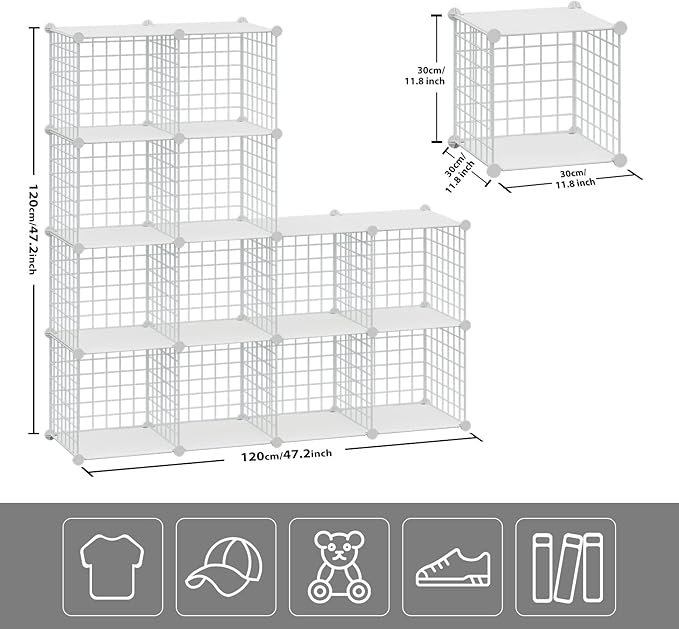 HUBSON Wire Cube Storage Organizer, Book/Toy/Craft/Potted Plants and petCloset Organizers and Storage Shelves, 12-Cube Freely Combinable Metal Grids Storage Shelf,White Plus Iron