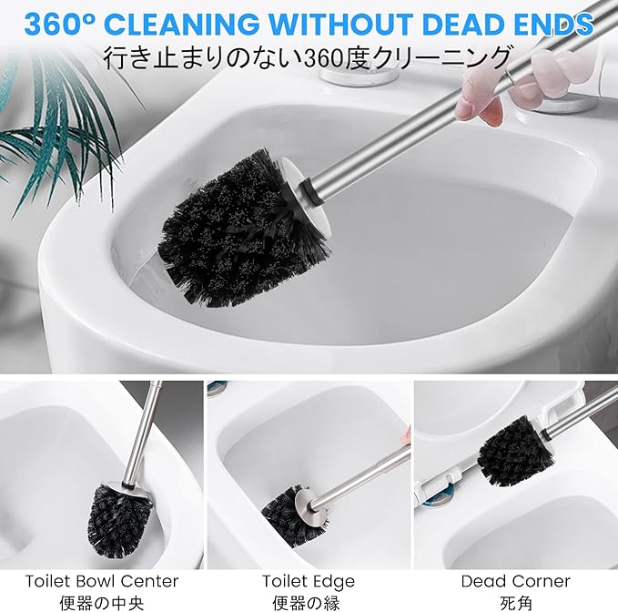 SUS304 Stainless Steel Toilet Brush and Holder Toilet Brush and Cases Bathroom Bowl Cleaning Brush Double Layer Holder Long Brush Handle High Density Bristles Silver
