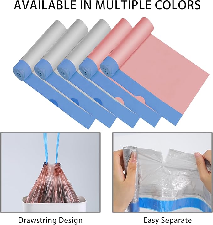 Small Drawstring Trash Bags 2.6 Gallon Bathroom Garbage Bag 75 Count Trash Can Liner for Bathroom, Office, Bedroom, Kitchen Random Gold & Silver