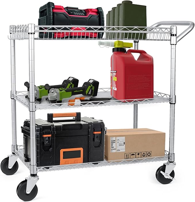 WDT Heavy Duty 3 Tier Utility Cart,Wire Rolling Carts with Wheels, Commercial Grade Service Cart with Shelving Liners and Handle Bar Metal Carts for Kitchen Office Hardware (750LBS Capacity Silver)