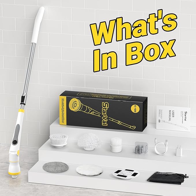 Electric Spin Scrubber, Cordless Cleaning Brush with LED Display, 4 Adjustable Angles, 3 Speeds, 2H Runtime, Adjustable Handle, 5 Brush Heads for Bathroom Tub Kitchen Tile Floor Car