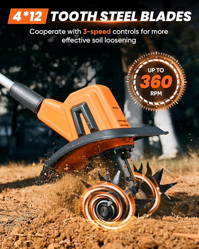 Saker 22V Cordless Electric Garden Tiller Cultivator, Rototiller for Gardening with 3 Adjustable Speed, 9-Inch Tilling Width, 6.3-Inch Depth for Soil Preparation, Weeding, and Gardening SK-TC18A