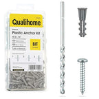 Qualihome Ribbed Plastic Drywall Anchor Kit - Wall Anchors and Screws for Drywall Includes Anchors, & Screws, 1 Masonry Drill Bit - Mounting Tolls for Decor, Furniture, Shelving (6-8 x 7/8")