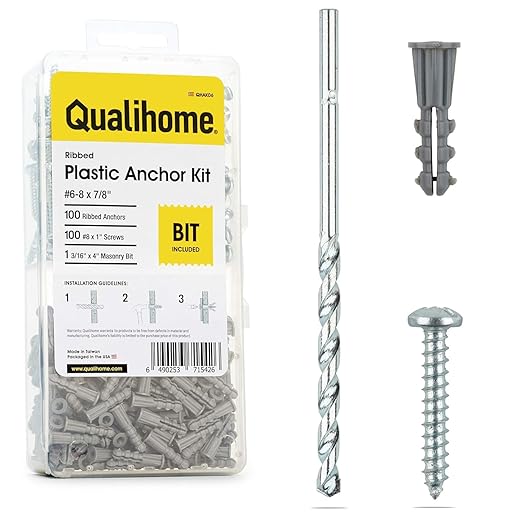 Qualihome Ribbed Plastic Drywall Anchor Kit - Wall Anchors and Screws for Drywall Includes Anchors, & Screws, 1 Masonry Drill Bit - Mounting Tolls for Decor, Furniture, Shelving (6-8 x 7/8")