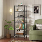 SINGAYE 6 Shelf Storage Wire Shelves Closet Bathroom Organizers Metal Pantry Kitchen Small Garage Shelving Unit Laundry Room Organization Home Narrow Rack Net Basket with Wheels Black