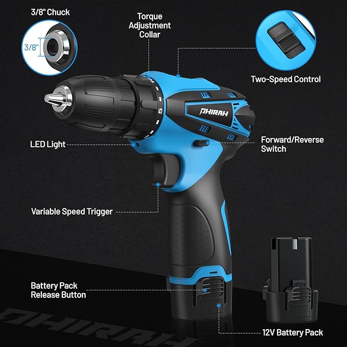 Cordless Drill Set, 12V Power Drill Kit with Battery and Charger, 3/8" Keyless Chuck, 25+1 Torque Setting, Built-in LED, Electric Driver Tool for Home DIY Projects (Blue)