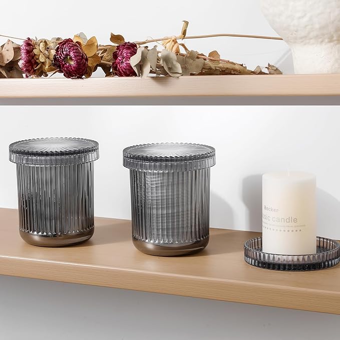 rejomiik Glass Qtip Holder Dispenser 2 Pack, Bathroom Canister Apothecary Jars with Lids, Vanity Makeup Accessories Storage Organizer for Cotton Swabs, Cotton Balls, Pads, Floss Picks, Gray