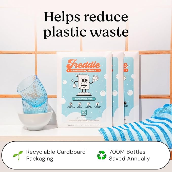 Freddie Dishwasher Sheets Fragrance Free - Space-Saving Alternative to Liquid Detergent - 180 Loads (3 Pack) Concentrated Plastic Jug Free Strips