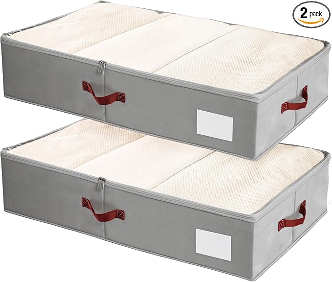 Criusia Under Bed Storage Bins with Clear PVC Lids – 2 Pack Large Underbed Organizers with Heavy-Duty Handles, Reinforced with 800G PP Panels & 80G Non-Woven Fabric – Waterproof & Foldable, Gery