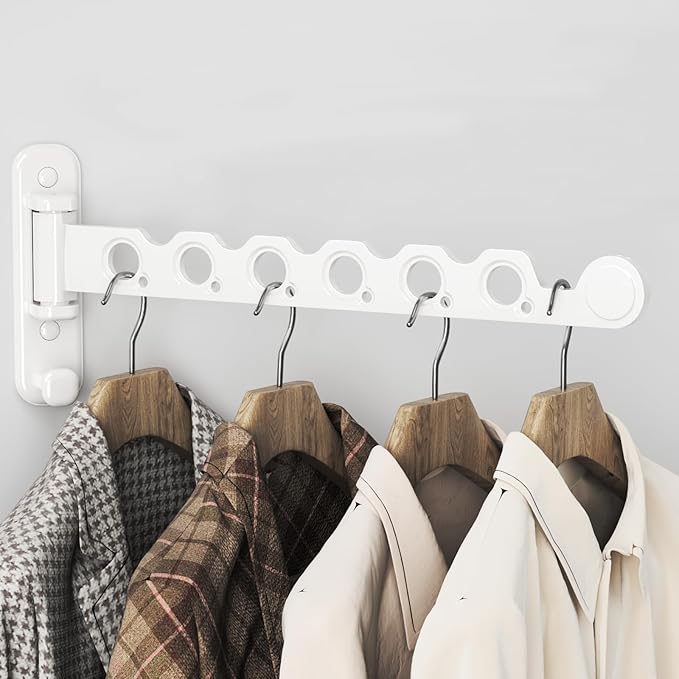 Wall Mounted Clothes Hanger Rack Foldable Drying Rack Hook Folding Indoor for Laundry Room Organization Bedroom Collapsible Racks Perfect for Small Spaces, 6 Hole White 1 Packs