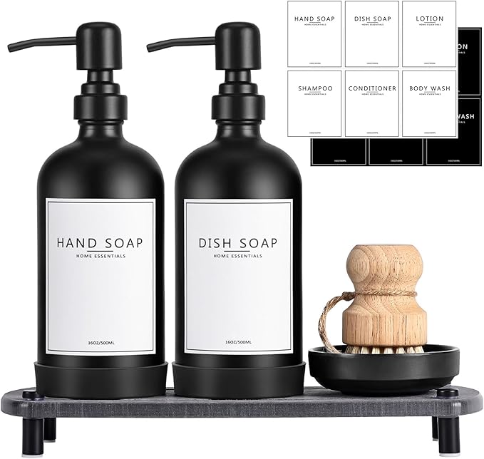 Kitchen Soap Dispenser Set with Instant Dry Tray,16 Oz Hand and Dish Soap Black Glass Dispenser Set,Stainless Steel Pump,Waterproof Labels&Dish Brush,Luxury Soap Bottle for Kitchen,Bathroom