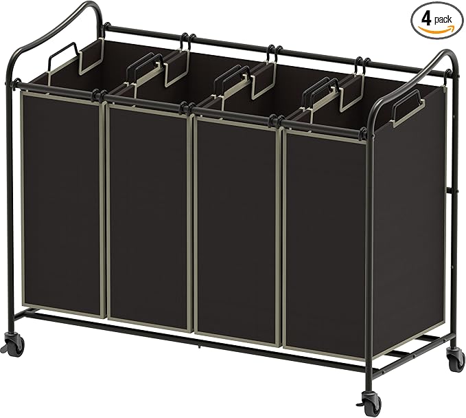 Simple Houseware 4-Bag Heavy Duty Laundry Sorter Rolling Cart, Brown