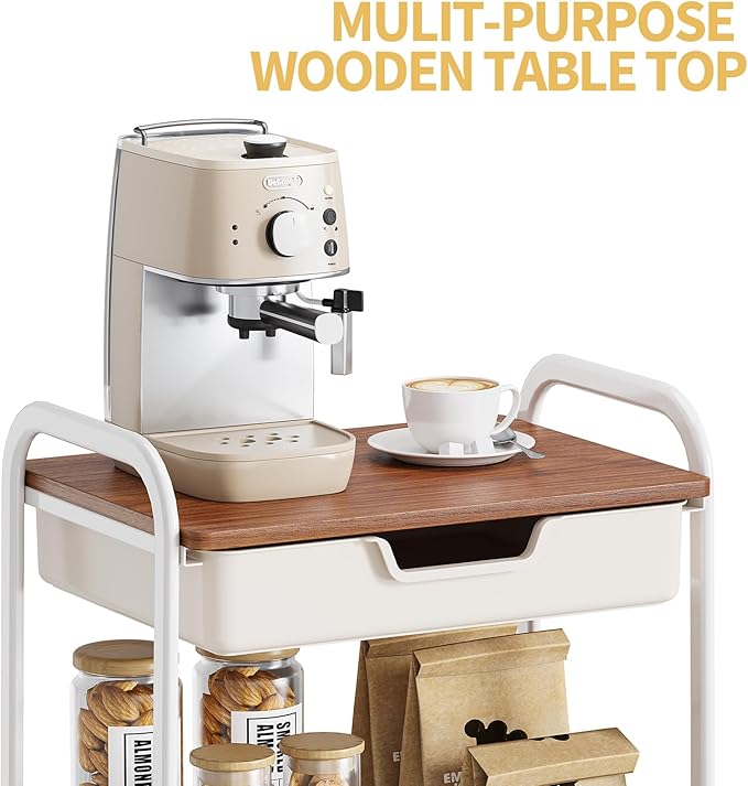 TOOLF 3-Tier Metal Utility Rolling Cart with Drawer & Wooden Table Top, Storage Cart White Trolley Kitchen Organizer Rolling Desk with Locking Wheels for Office, Classroom, Dorm, Bedroom
