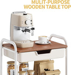 TOOLF 3-Tier Metal Utility Rolling Cart with Drawer & Wooden Table Top, Storage Cart White Trolley Kitchen Organizer Rolling Desk with Locking Wheels for Office, Classroom, Dorm, Bedroom