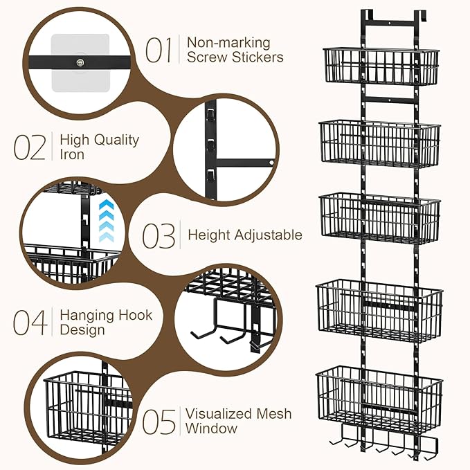 Adjustable Over The Door Organizer, Metal Hanging Door Organizer with 5 Wire Basket 7 Hooks, Wall Mounted Shelf for Pantry Laundry Organization and Storage, Black