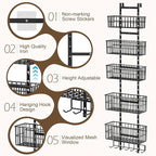 Adjustable Over The Door Organizer, Metal Hanging Door Organizer with 5 Wire Basket 7 Hooks, Wall Mounted Shelf for Pantry Laundry Organization and Storage, Black