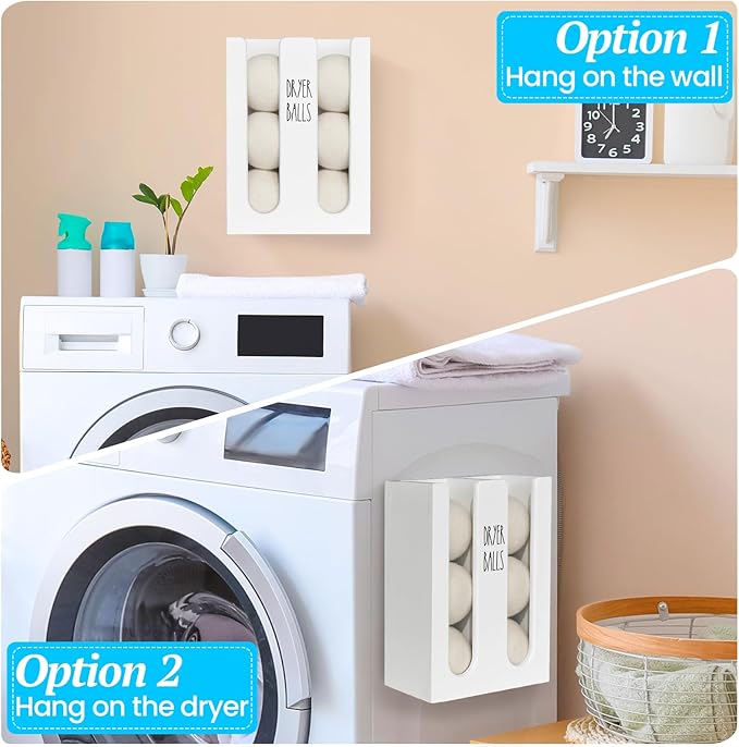 Magnetic Dryer Ball Holder for Laundry Room, Wood Dryer Ball Container Wall Mount, Laundry Dispenser Basket (White)