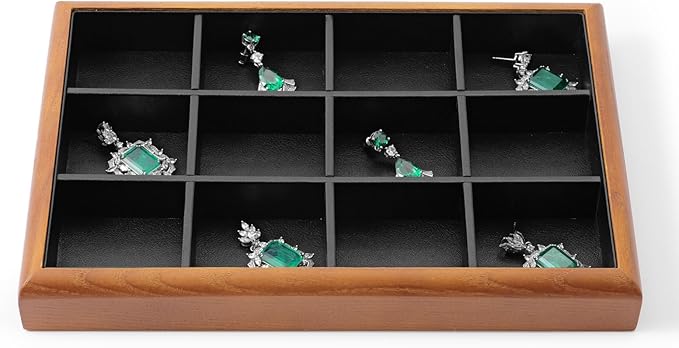 Oirlv Solid Wood 12 Grid Jewelry Organizer Tray Jewelry Drawer Organizer for Rings Earrings Storage Display(Black)