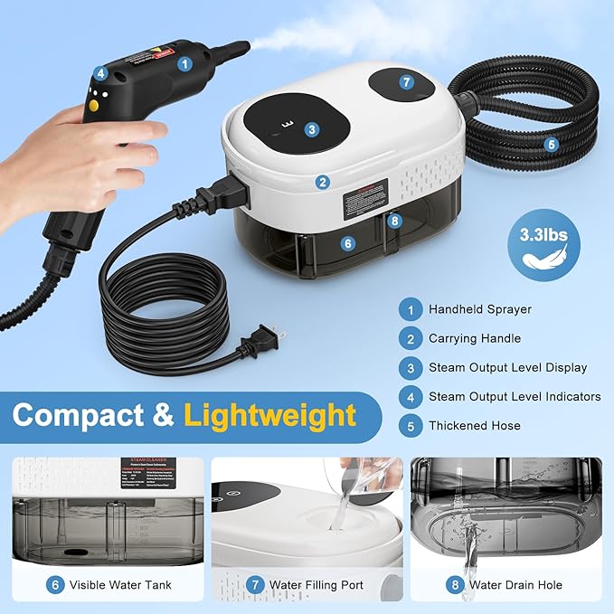 Handheld Steam Cleaner with Handle Button Control, 2500W High Pressure Steamer for Cleaning, 3-Level Adjustable, 15s Heat-Up, 1.6L Water Tank, Portable Steam Cleaning Machine for Home Car Dirt Grease