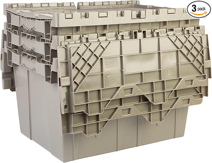 Hudson Exchange 21.9 x 15.2 x 12.8” (3 Pack) Storage Tote Distribution Container with Hinged Attached Lid, Gray/Brown