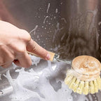 Bamboo Dish Brush with Handle - 4 Replacement Heads, Eco Soft Bristles Vegetable Scrubber, Compostable & Sustainable Dish Scrub Brush for Cleaning Kitchen Utensils