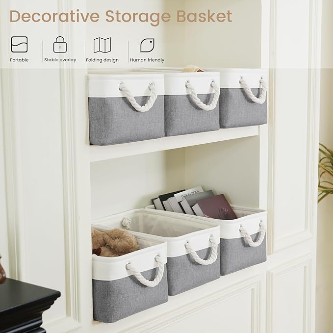 Storage Baskets for Shelves 13.8x9.8x6.7 Inch-Foldable Fabric Organizing Storage Bins with Handles, Closet & Bathroom Organizer, Home Storage for Kitchen, Office (3-Pack, White&Gray)