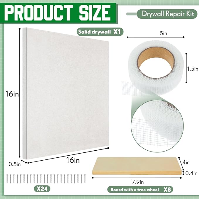 22 Pcs Drywall Repair Kit with 16x16x1/2" Drywall Repair Panel, Sheetrock Hole Patch Kit with Wall Patching Paste, Sanding Block, Putty Knives, to Fill Large Holes for Home Wall Surface Ceiling