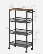 VASAGLE Slim Rolling Cart, 4-Tier Storage Cart, Narrow Cart with Handle, 8.7 Inches Deep, Metal Frame, for Kitchen, Dining Room, Living Room, Home Office, Rustic Brown and Classic Black ULRC033B01