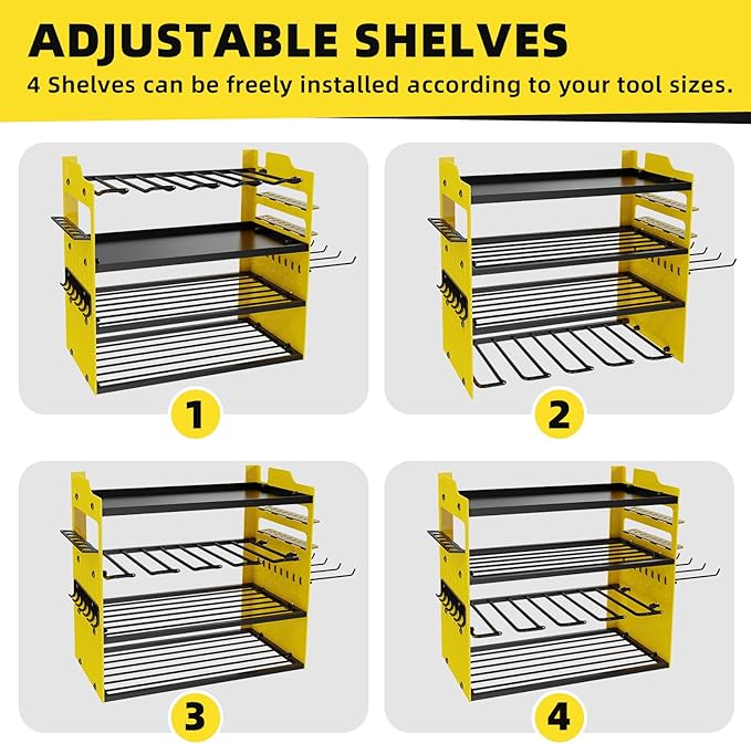 Power Tool Organizer Wall Mount with 4-Drill Holders-400Lbs Load Heavy Duty Metal 4-Layers Garage Storage and Organization Adjustable Battery Tools Rack Utility Racks Gifts for Men