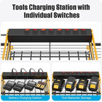 CCCEI Yellow Power Tool Organizer Wall Mount, Large Tools and Battery Storage Rack Charging Station Individual Switches. Drills Holder, Garage Utility Shelves with 6FT Power Strip. Gift for Men.