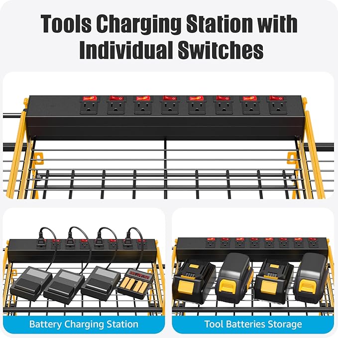 CCCEI Yellow Power Tool Organizer Wall Mount, Large Tools and Battery Storage Rack Charging Station Individual Switches. Drills Holder, Garage Utility Shelves with 6FT Power Strip. Gift for Men.