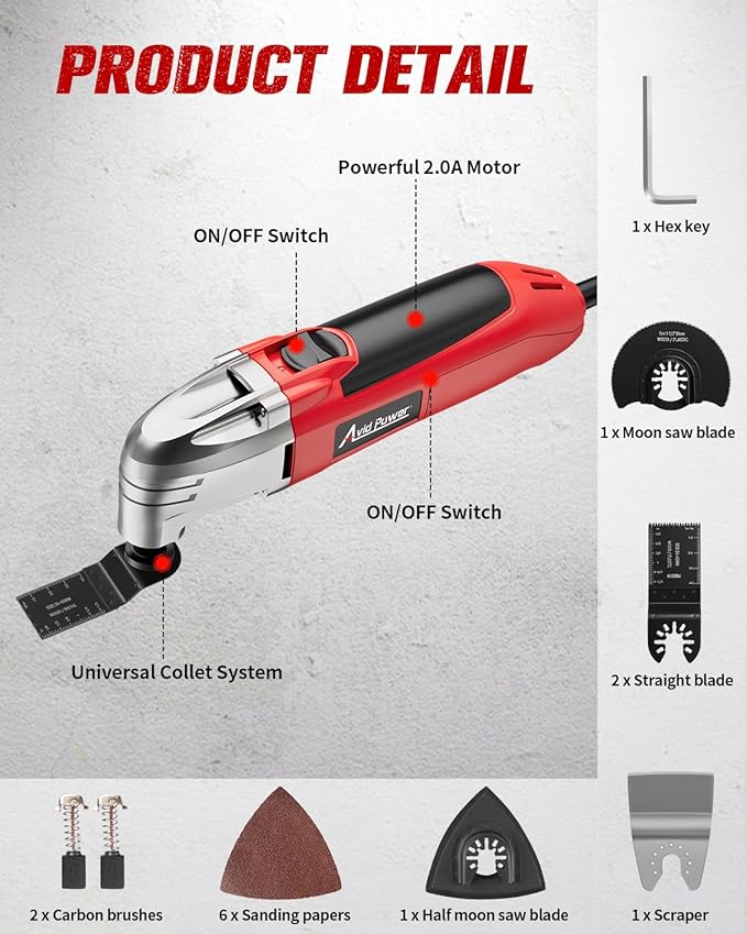 AVID POWER Oscillating Tool, 22000 OPM Electric Oscillating Multi Tool with 3°Oscillation Angle, Cutting, Sanding, Grinding, Scraping, 11 Accessories & Universal Interface-Red