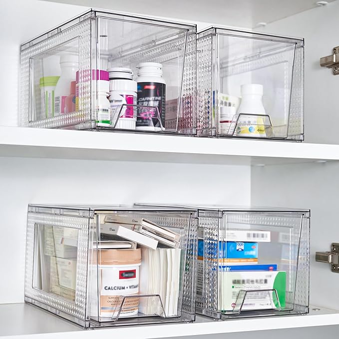 JollyPack 4 Pack Clear Stackable Storage Drawers, Easy to Assemble Multi-Use Bathroom Organizers and Storage, Suitable for Vanity, Bathroom, Makeup, Under Sink, Office, Kitchen and Pantry