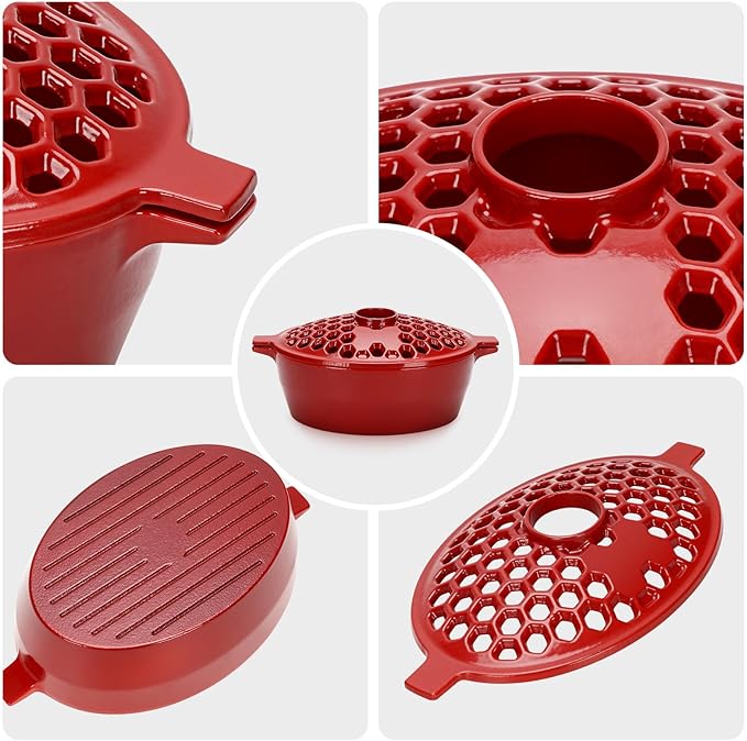 G GOOD GAIN Wood Stove Steamer - Cast Iron Stove Humidifier with Large Opening Top | Oval Bowl Fire Place Pot for Home Heating Decorative | Matte Finish & 2.7 Quart, Red