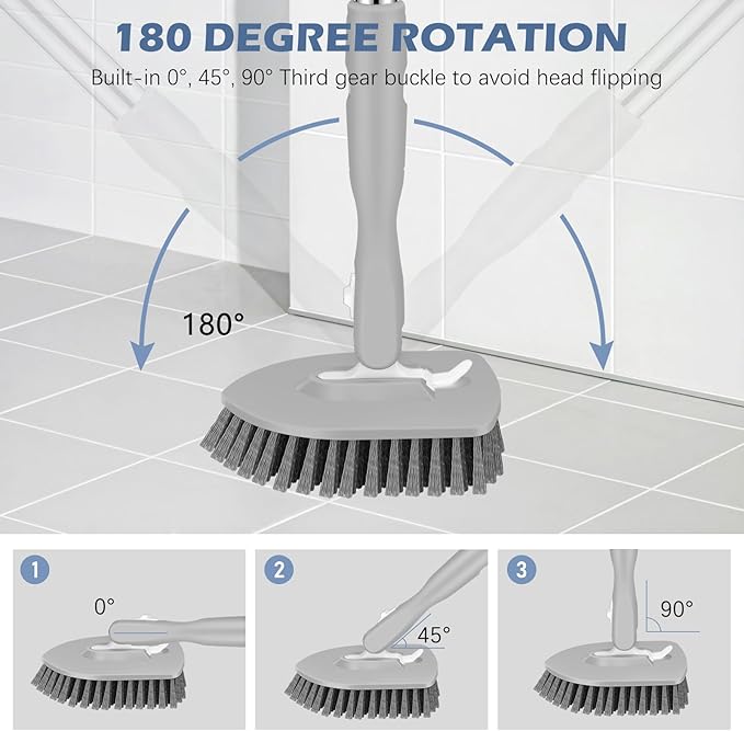 SetSail 4-in-1 Tile Tub Floor Scrubber with 52-inch Adjustable Long Handle Shower Cleaner Brush with Window Scrubber and 3 Replacement Brush Heads for Bathroom Kitchen Walls Tub Tile Sink, Grey