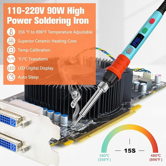 Soldering Iron Kit, 90W LED Digital Soldering Gun kit with Ceramic Heater, 110V Adjustable Temperature Solder Welding Iron Kits, Auto-sleep, Thermostatic Design, Blue