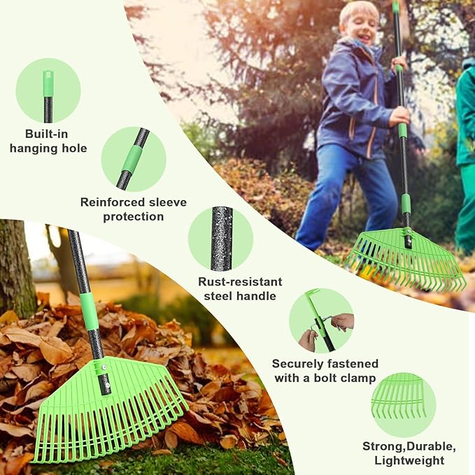 Adjustable 80'' Garden Rake with Metal Handle – Plastic Head Gentle on Grass for Cleaning Leaves, Pine Needles & Lawn Debris, Lightweight Yard Rake for Women, Seniors & Kids