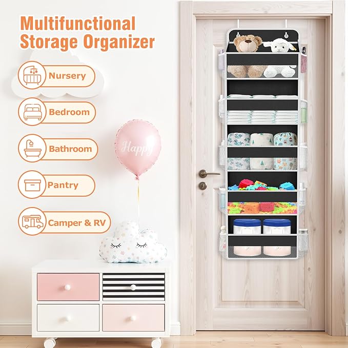 WISELIFE Over The Door Organizer - 5 Shelves Large Capacity Hanging Bedroom Storage Solution with Side Pockets for Dorm Bathroom Pantry Nursery and Baby Essentials Holds up to 40 Lbs (Black)