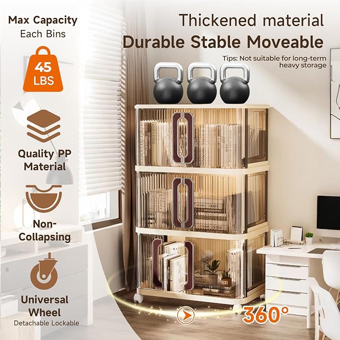 217Qt Plastic Storage Bins with Lid, Stackable Storage Bins with Wheels & Sliding Door, Collapsible Storage Box for Closet Organizers and Storage Box for Home and Office, Coffee, 4 Pack