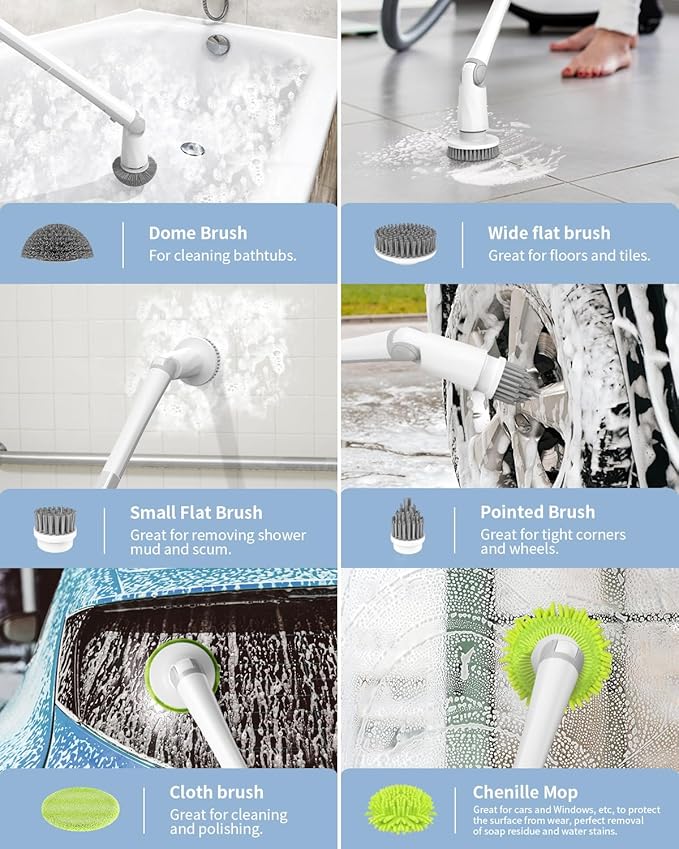 Electric Spin Scrubber - Powerful Cordless Waterproof Cleaning Brush with 6 Replaceable Heads, Rechargeable Multi-Surface Scrubber for Bathroom, Kitchen, Floors, Tiles, and More