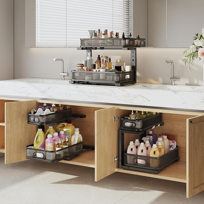 1 Pack 15.7IN-Depth Under Sink Organizer with Smooth Cylindrical Rail,2-Tier Pull Out Multi-Purpose Cabinet Storage for Bathroom&Kitchen,Height Adjustable,Rust-Resistant Coating-Black