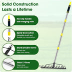Heavy Duty Garden Rake for Leaves - 17 Tine Metal Head & Adjustable Stainless Steel Handle, 17" Wide 5.58FT Yard Rake for Shrub Leveling/Grass Care